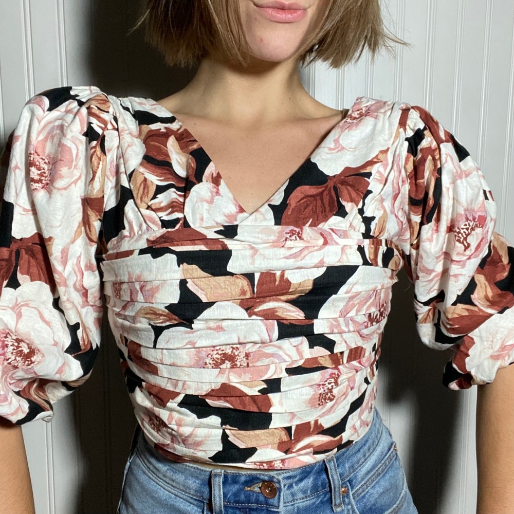 Express Cottagecore Floral Balloon Sleeve Crop Top Smocked Back Soft Girl - S